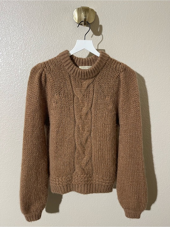 Sezane Sweaters - Sezane Camel Brown Cable-Knit Puff Sleeve Sweater